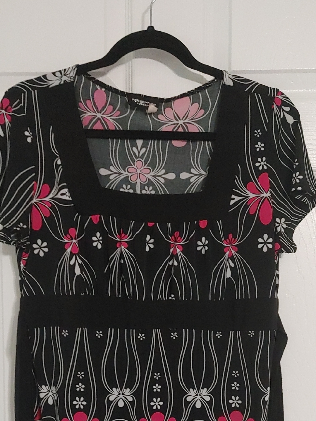 Vtg Women’s Floral Square-Neck Black Top With Pink Accents Tie Back Size Large